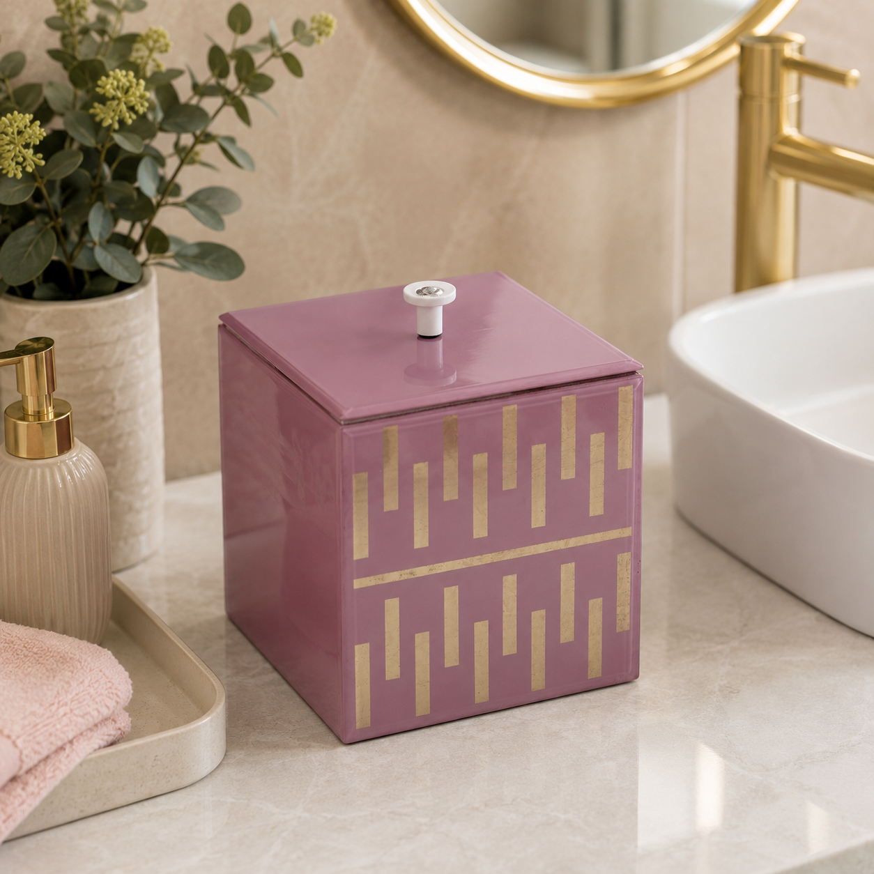 Luxury Pink Decorative Bathroom Dustbin with Gold Geometric Design