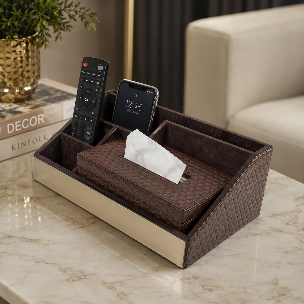  Premium  Brown Leatherite Desk Organizer With Tissue Box 