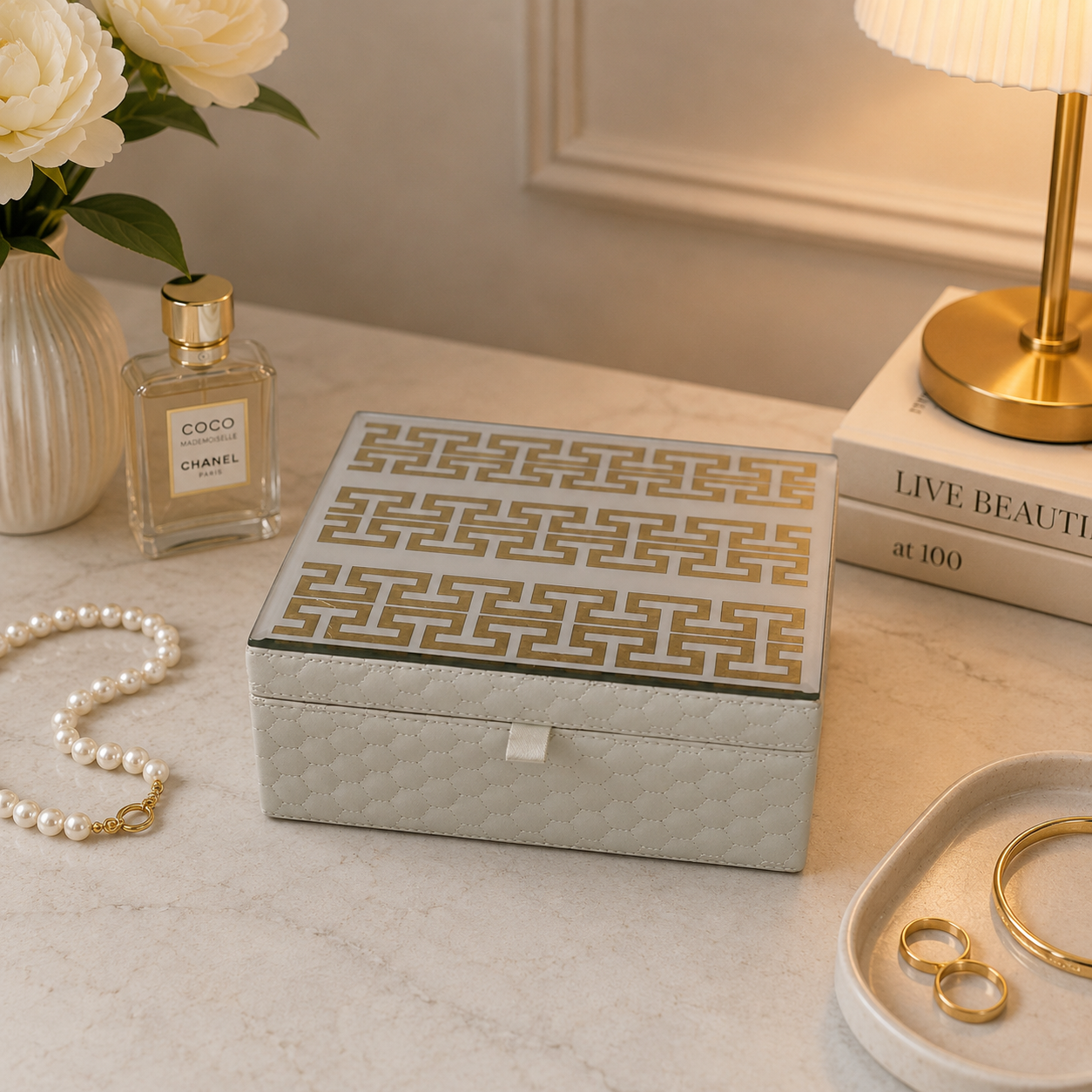  Designer Ivory High Quality PU & Gold Greek Jewelry Box 