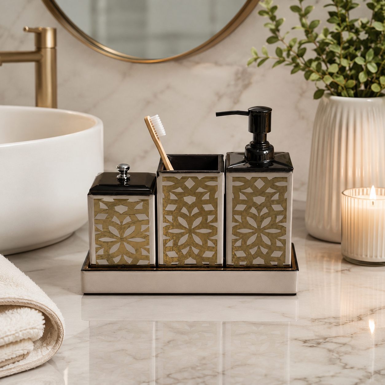 Mirrored Mosaic Bathroom Accessory Set with Tray – Golden & Silver Geometric Design (3-Piece)