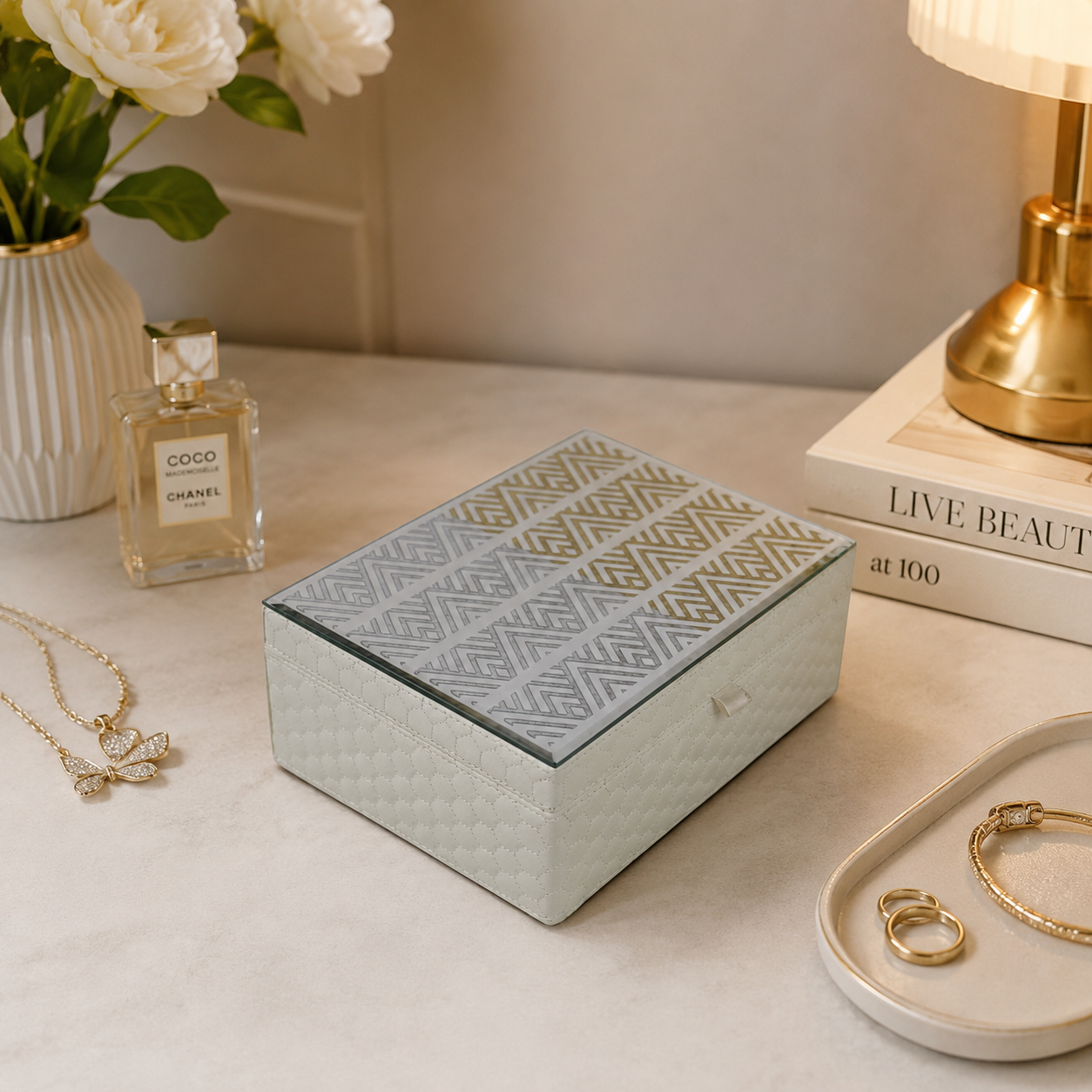 Leather Jewelry Box with Mirrored Geometric Lid