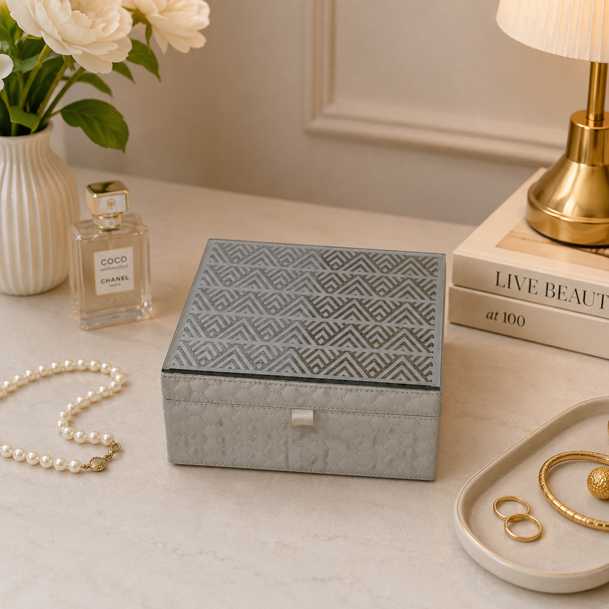 Leather Jewelry Box with Mirrored Geometric Lid
