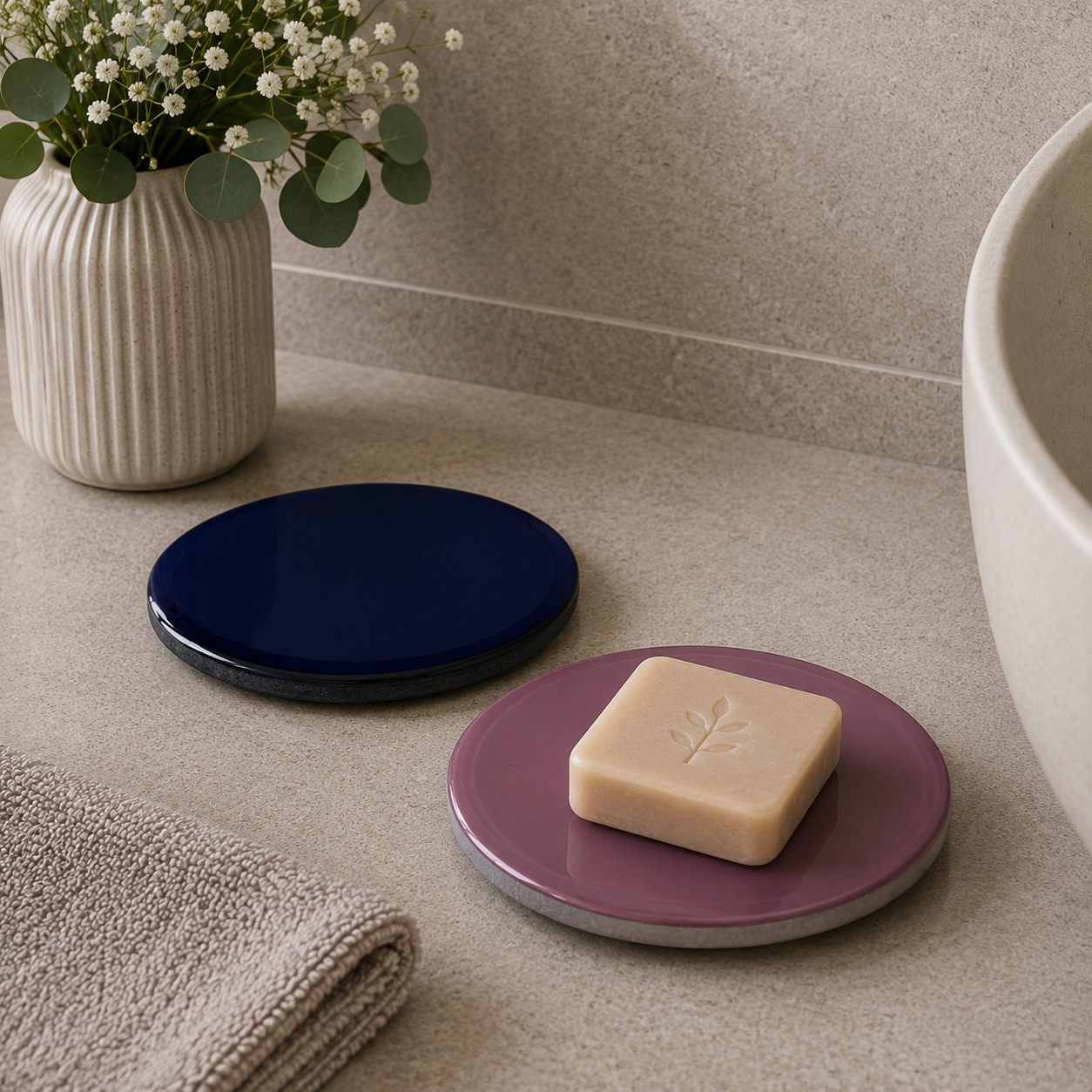 Oval Glazed Ceramic Soap Dish Set – Navy Blue & Mauve (Set of 2)