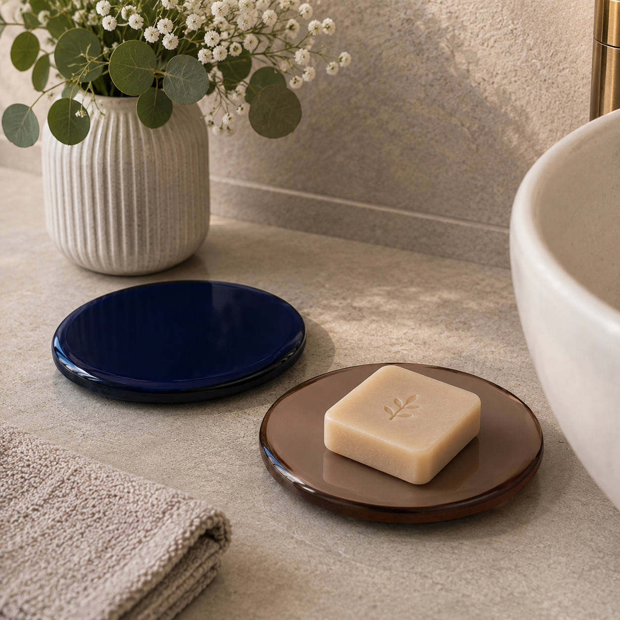 Oval Glazed Ceramic Soap Dish Set – Navy Blue & Light Golden (Set of 2)