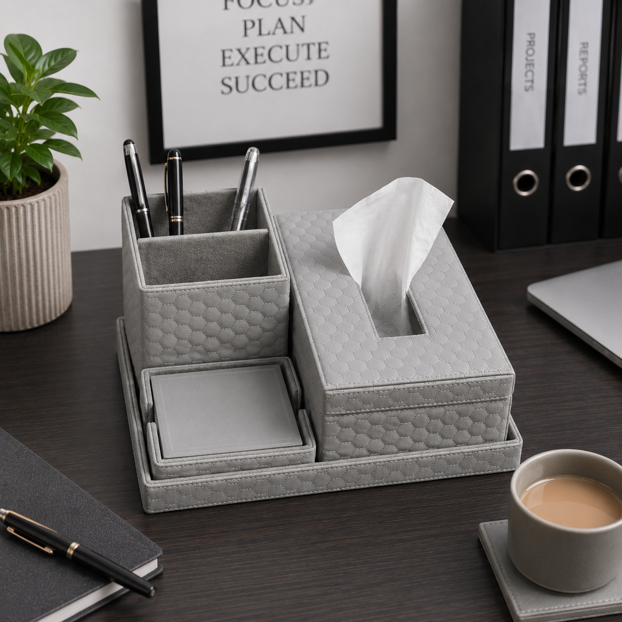Premium Leatherette Corporate Set with Tissue Box, Pen Holder & Organizer Tray