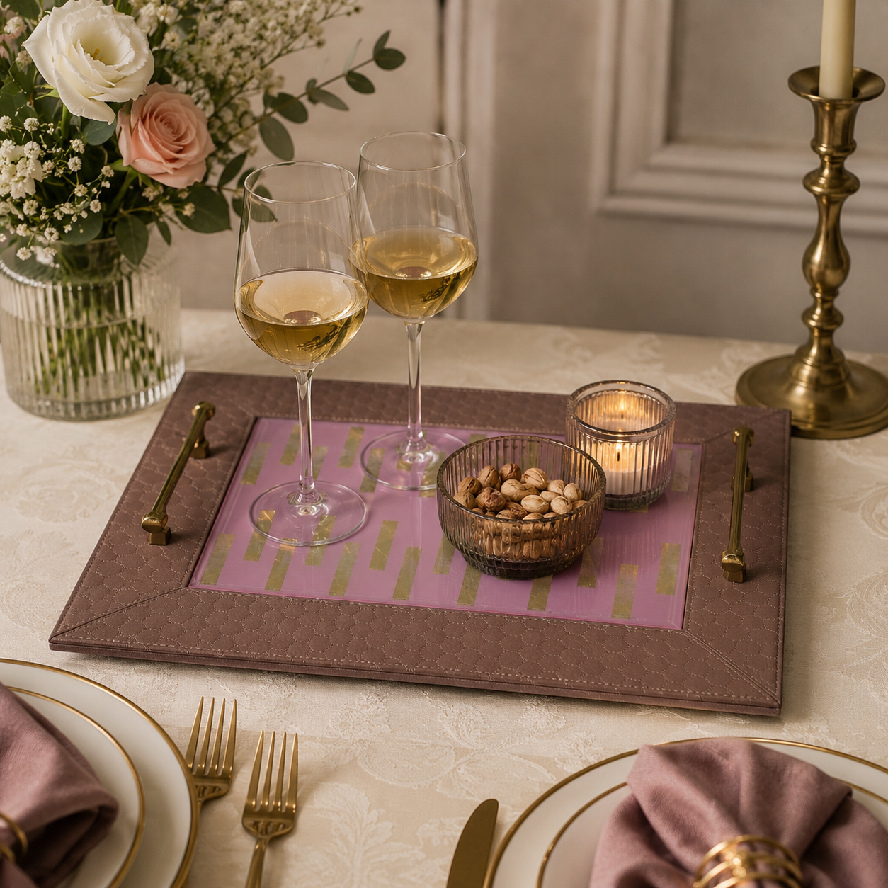 Mauve Quilted Leather Serving Tray with Pink & Gold Geometric Center and Gold Handles