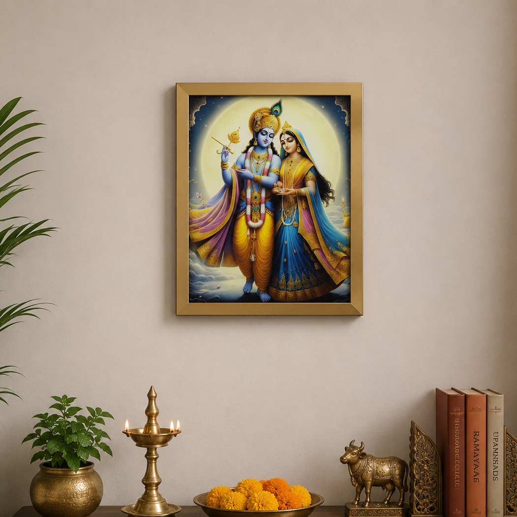  A framed art print depicting Lord Krishna and Radha hanging on a beige wall above a wooden console table decorated with a brass lamp, a bowl of orange fruits, a small brass bull figurine, and books. 