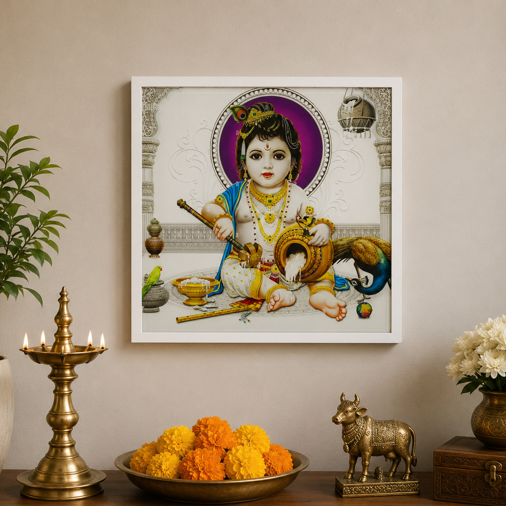  A framed art print depicting a traditional Indian deity scene, displayed on a beige wall above a wooden console table decorated with a brass lamp, marigold flowers, a cow figurine, and white flowers. 