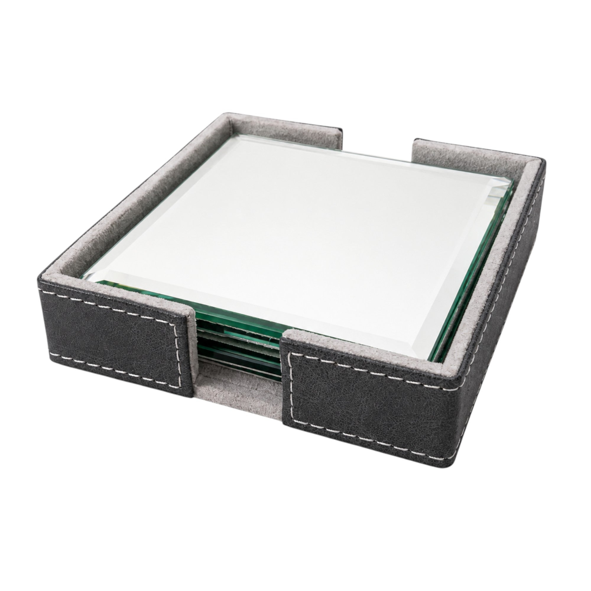 Glass Coaster Set with Grey Suede-Lined Faux Leather Holder – Set of 4 Square Coasters