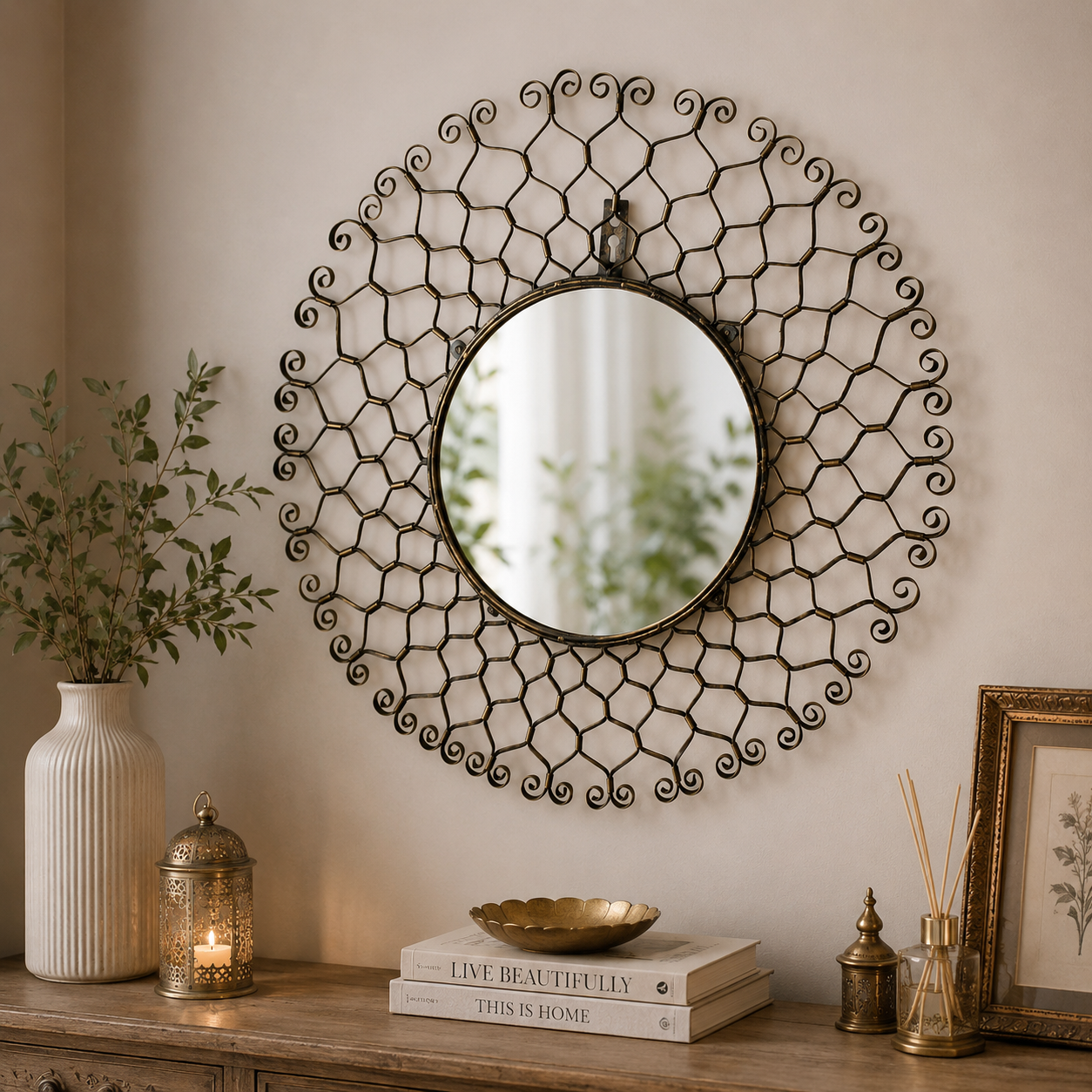 Antique Round Mirror – Artisan Metal Wall Décor