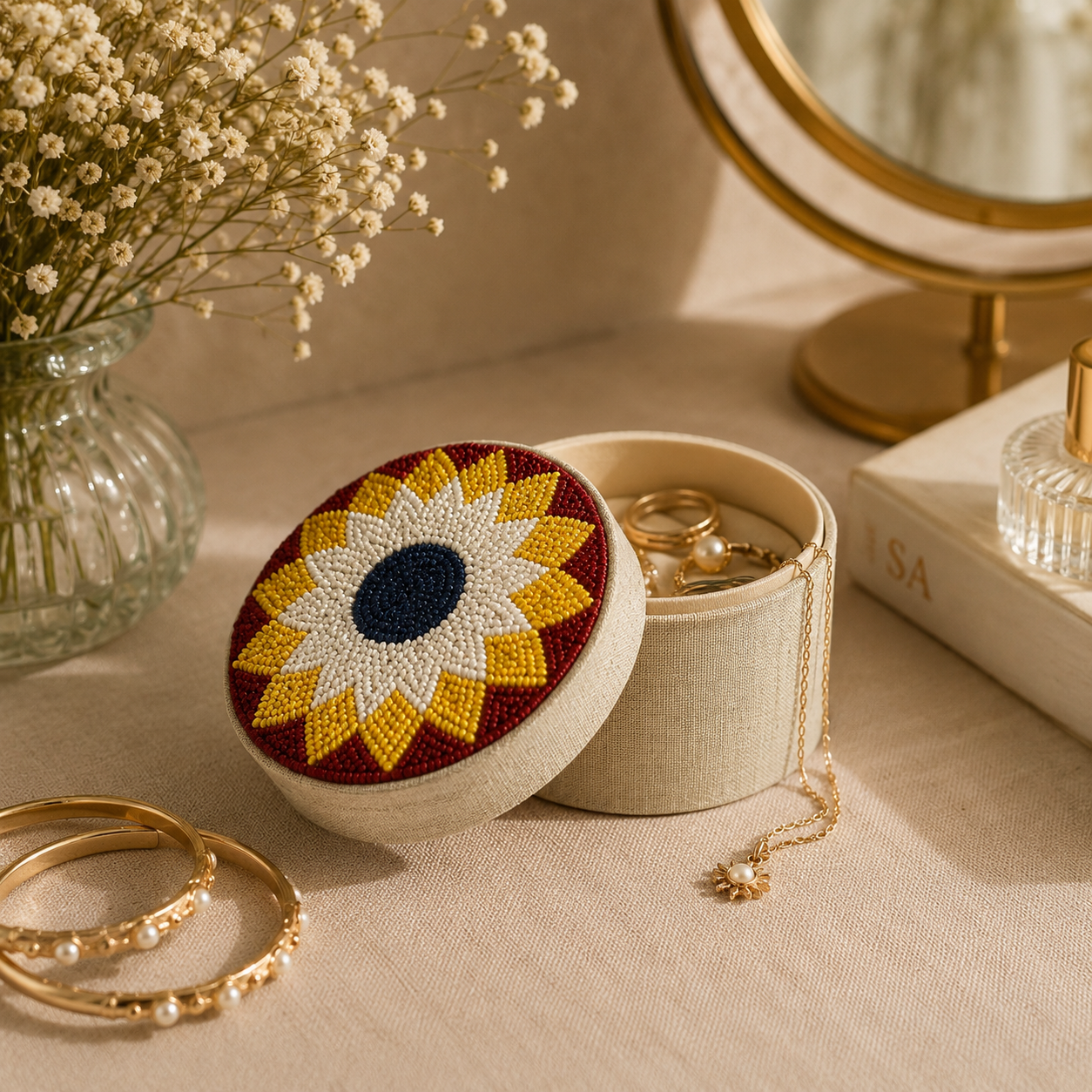 Handmade Round Beaded Jewelry Box with Floral Design
