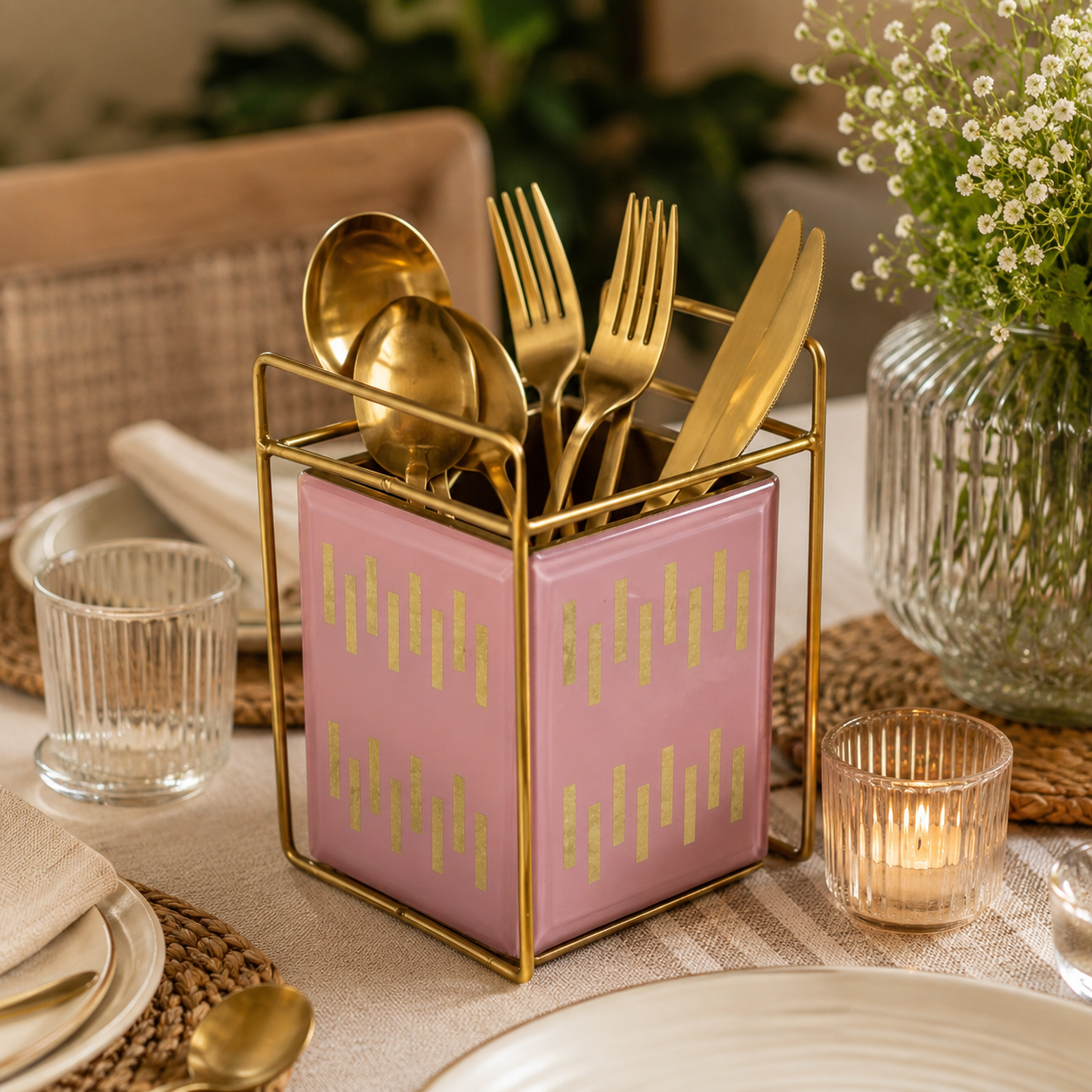 Pink & Golden Decorative Cutlery Holder