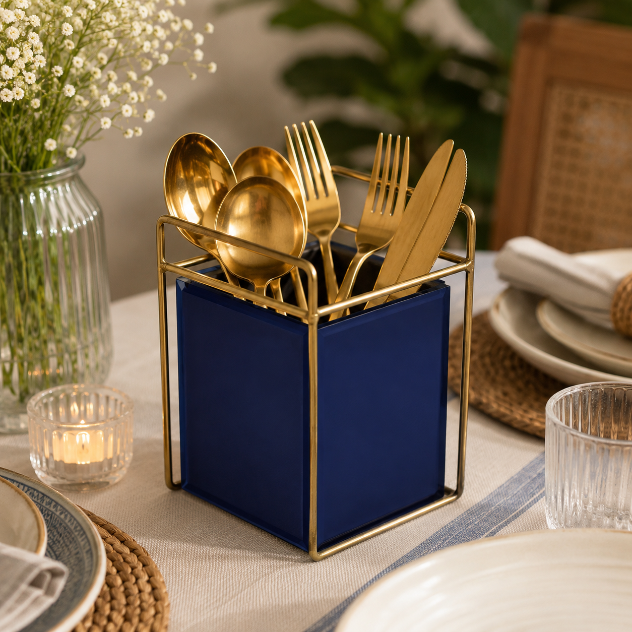 Modern Blue Cutlery Holder with Gold Metal Frame