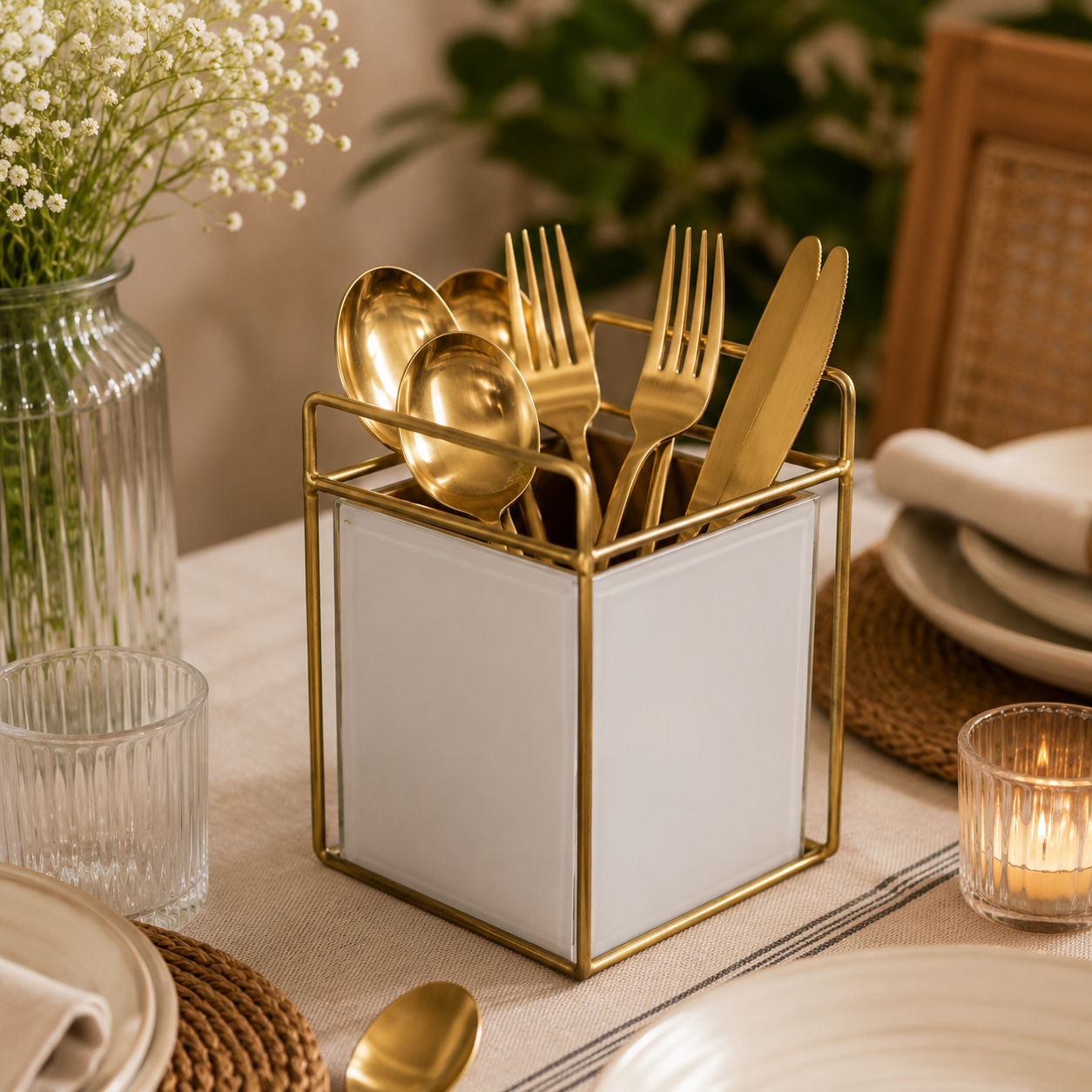 Modern White Cutlery Holder with Golden Frame