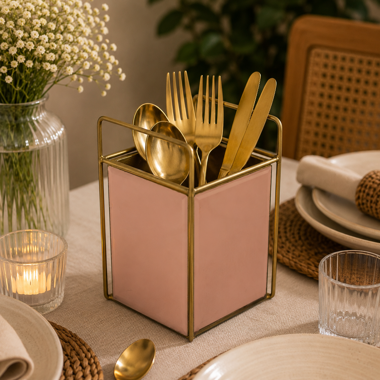Blush Pink & Gold Cutlery Holder for Dining Table