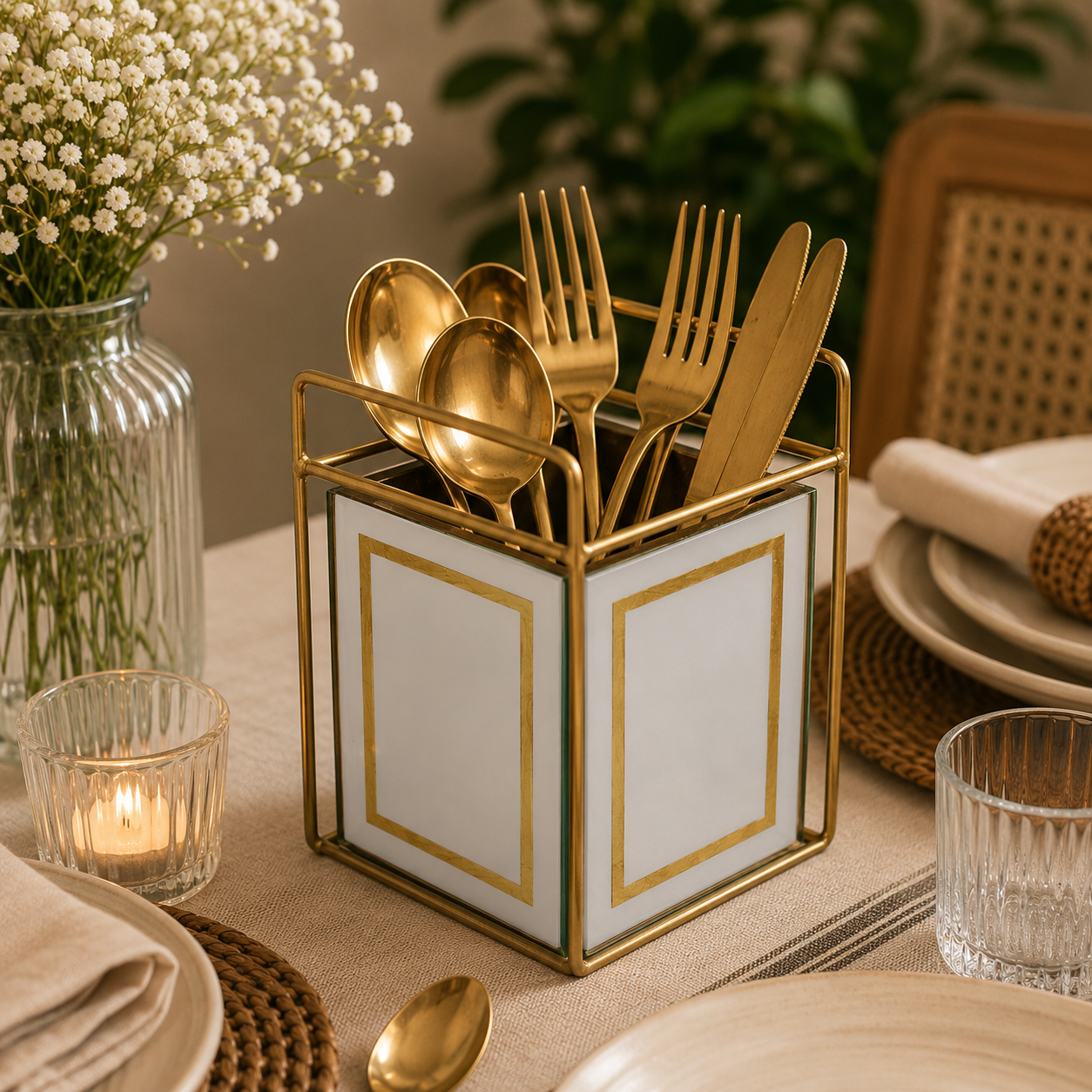 Elegant White & Golden Cutlery Holder for Dining Table