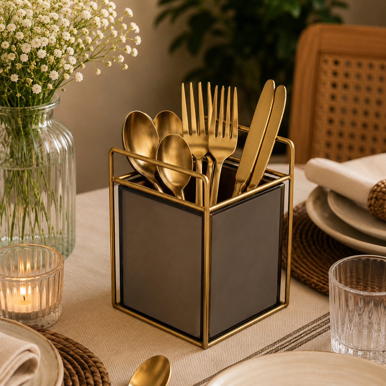 Modern Grey & Golden Cutlery Holder for Dining Table