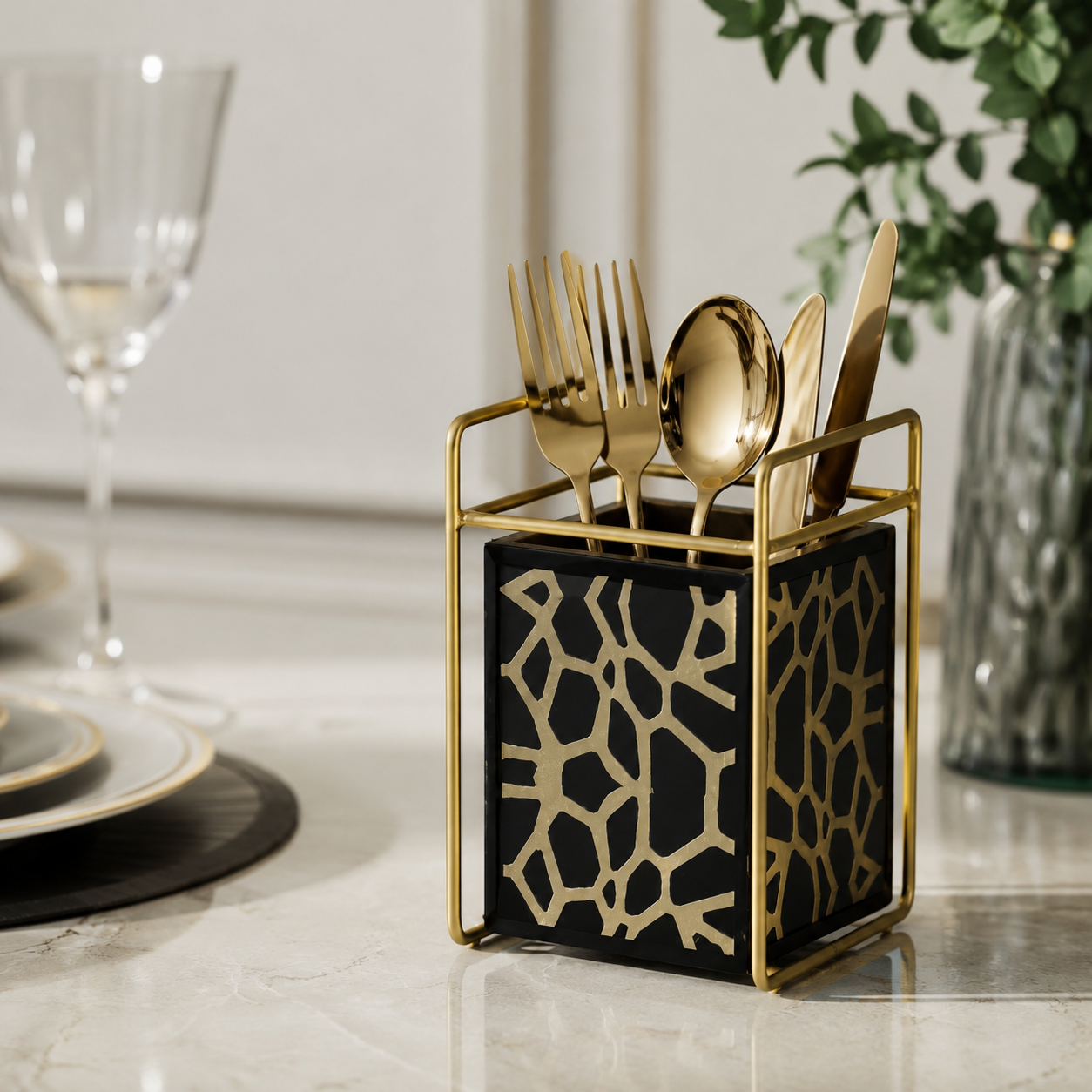 Luxury Black & Golden Cutlery Holder Stand for Dining Table