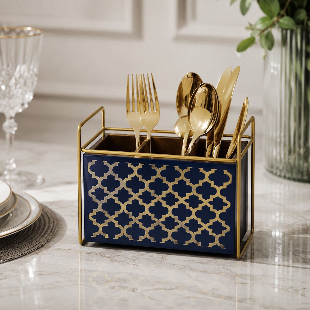 Premium Blue & Golden 3-Compartment Cutlery Holder for Dining Table