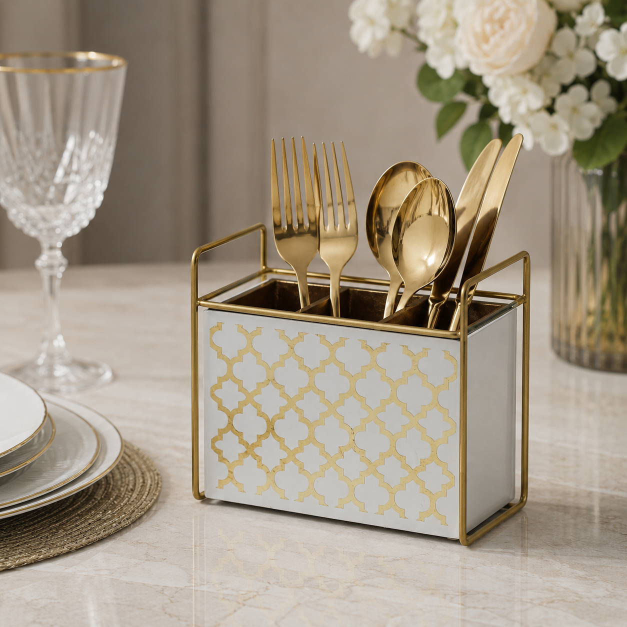 Premium White & Golden 3-Compartment Cutlery Holder for Dining Table