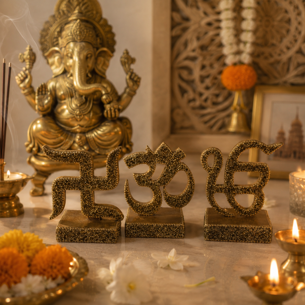 3-Piece Spiritual Symbol Decorative Tabletop Set – Om, Ik Onkar & Swastik Showpieces