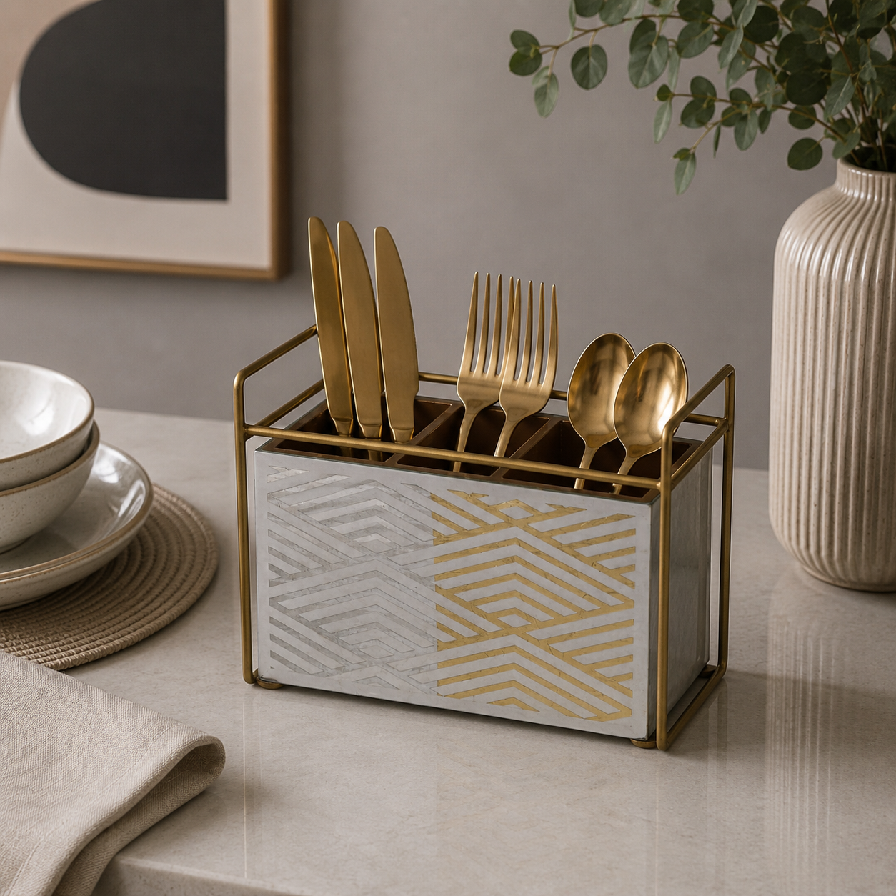 Luxury Gold & Glass Cutlery Holder – 3 Compartment Dining Table Organizer