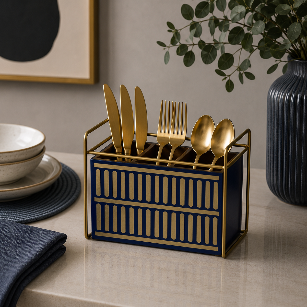 Royal Blue & Golden Cutlery Holder – 3 Compartment Dining Table Organizer