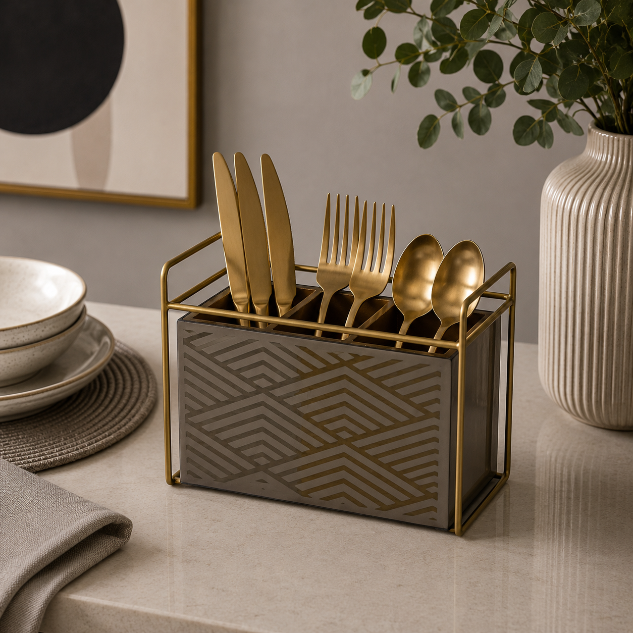 Modern Smoked Glass & Gold Cutlery Holder – 3 Compartment Table Organizer