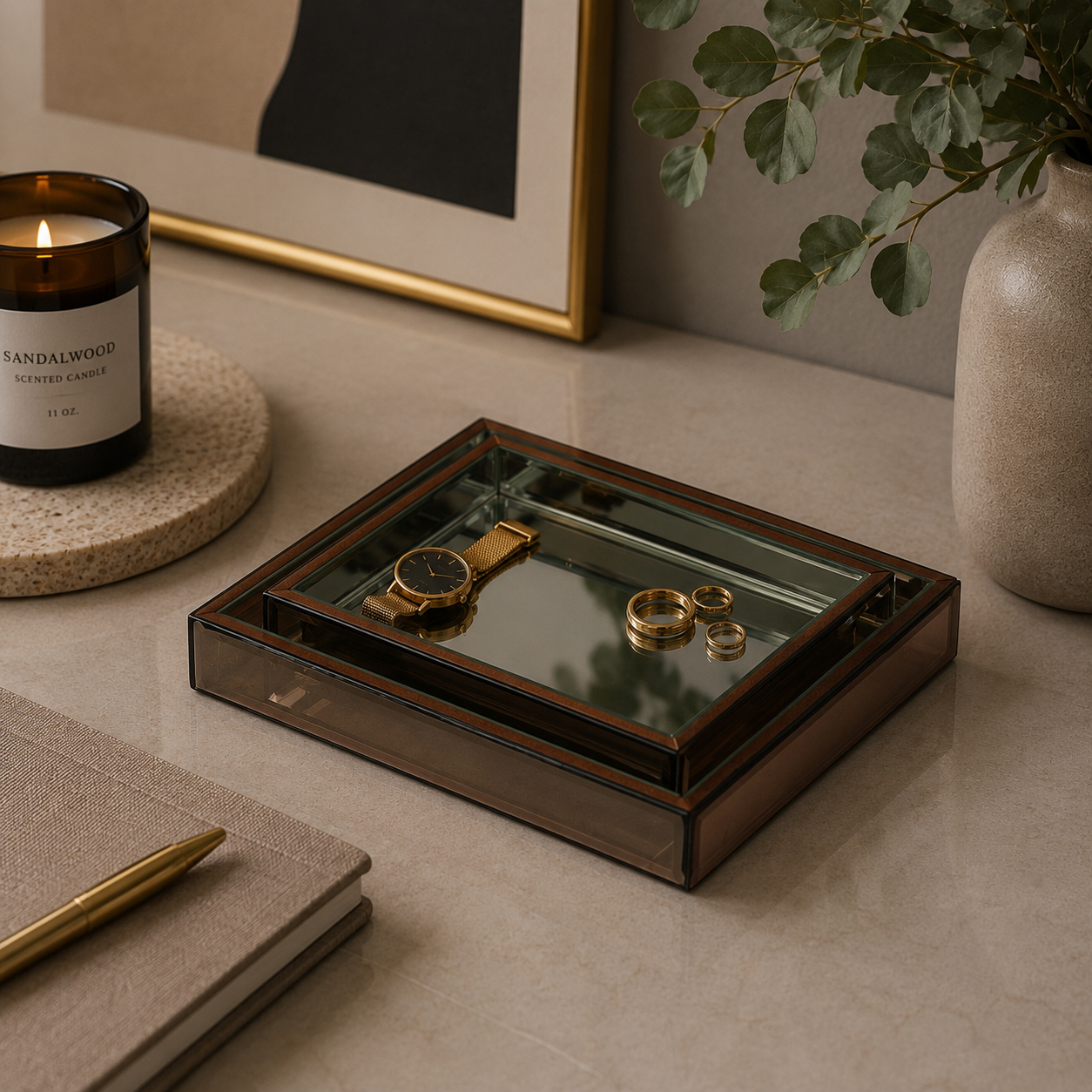Luxury Mirror Finish Jewellery Organizer Box with Glass Lid