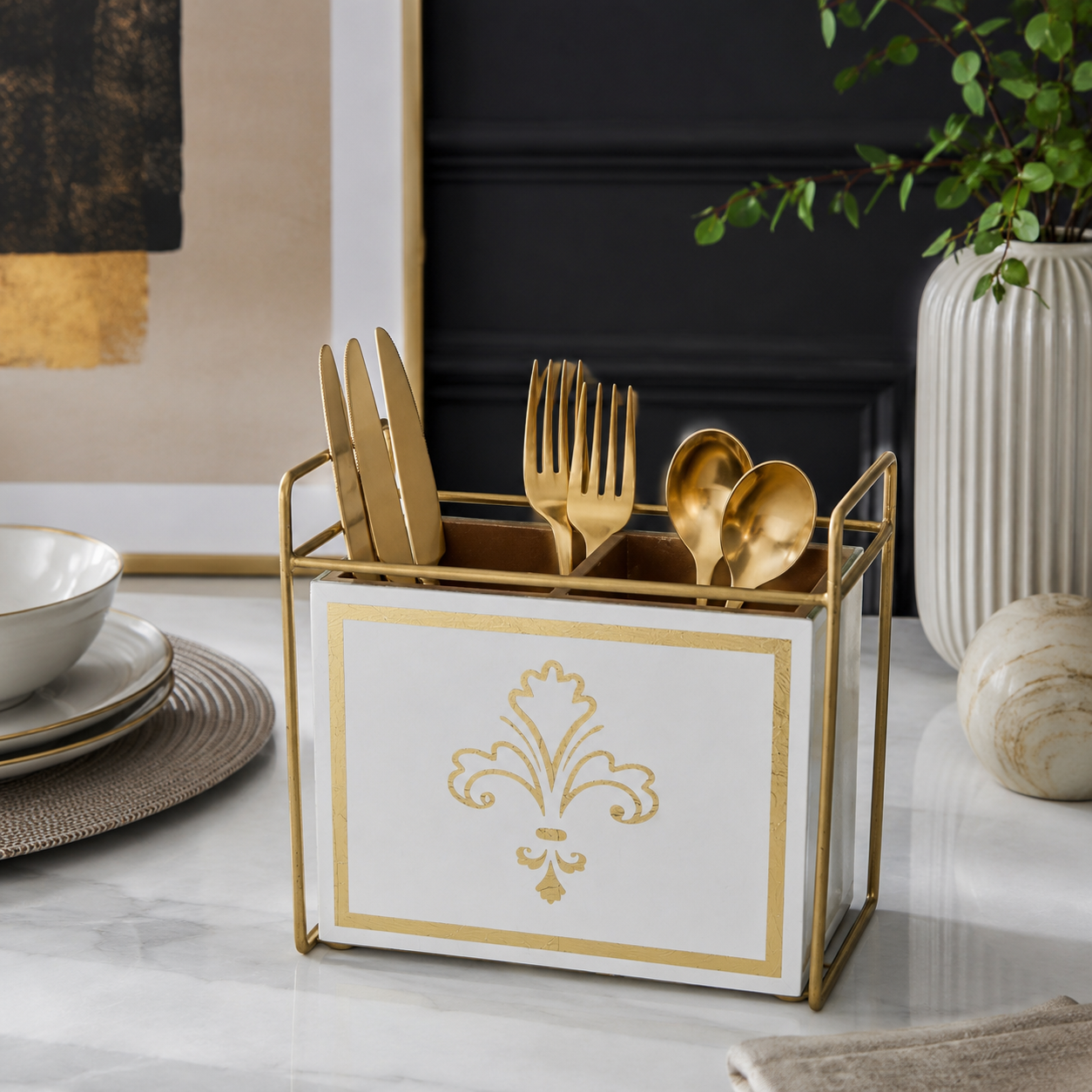 Luxury White & Golden Cutlery Holder – 2 Compartment Dining Table Organizer