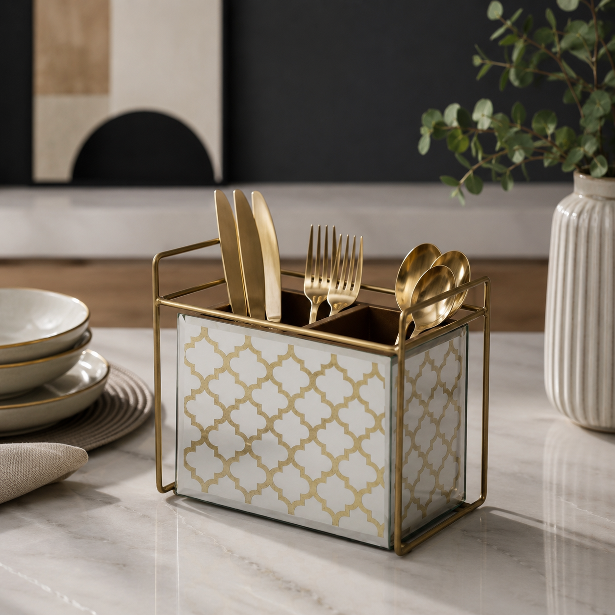 Luxury White & Gold Cutlery Holder Organizer with Metal Frame