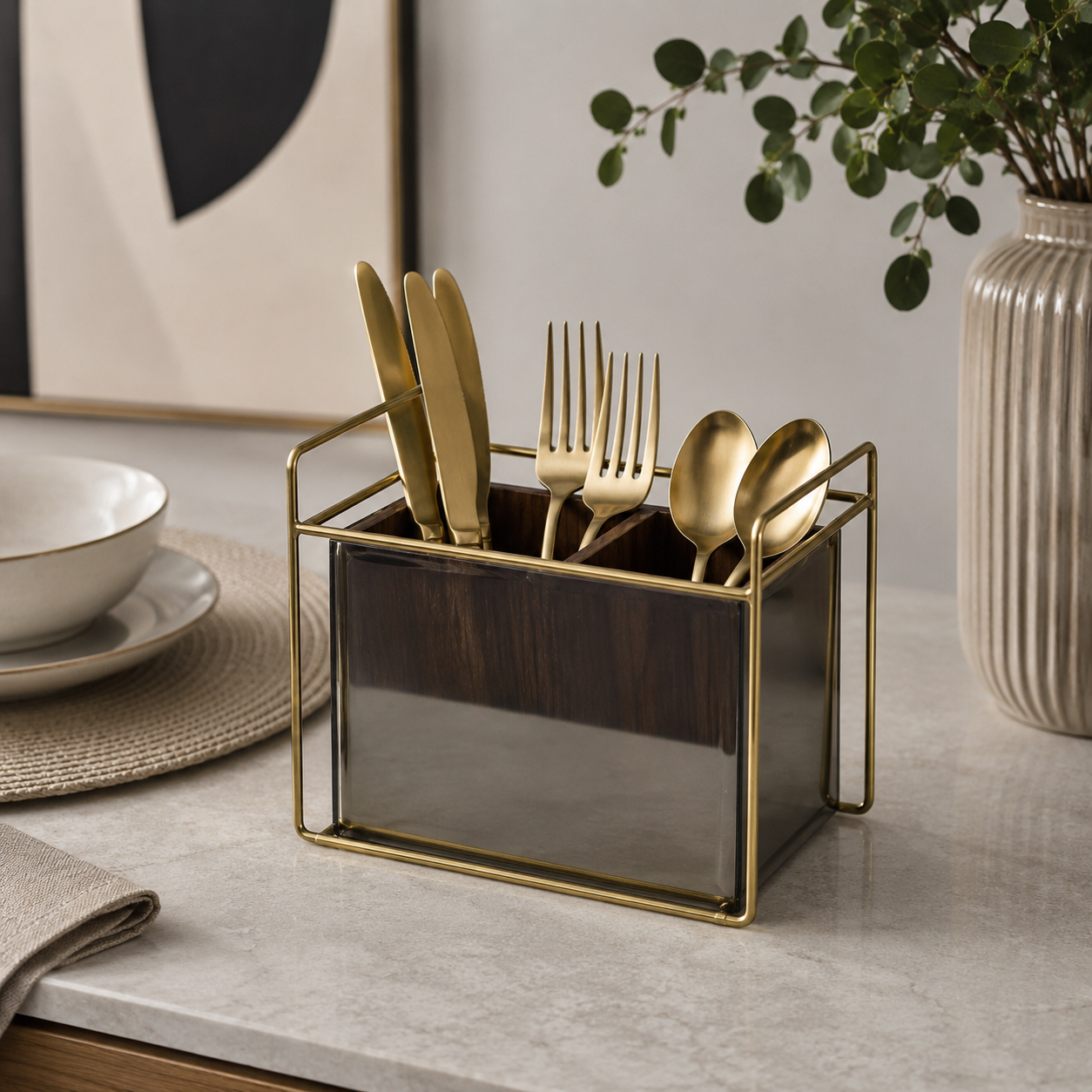 Elegant Mirror Finish Cutlery Holder – 2 Compartment Dining Table Organizer