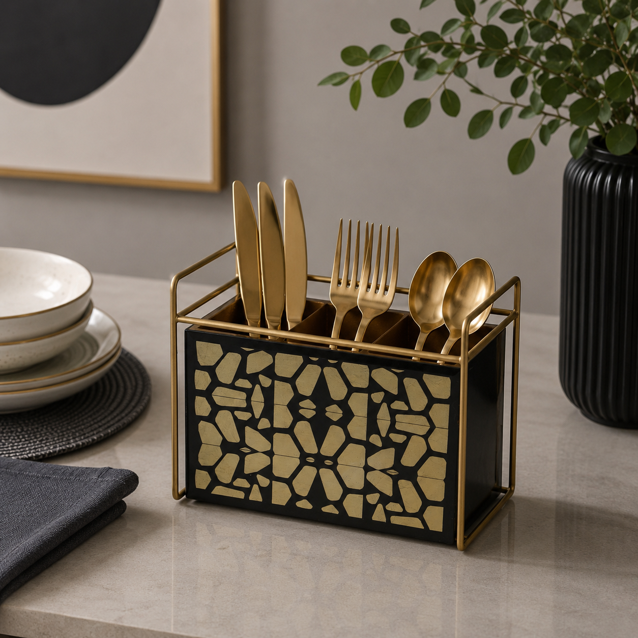 Modern Black & Gold 3-Compartment Cutlery Holder Organizer