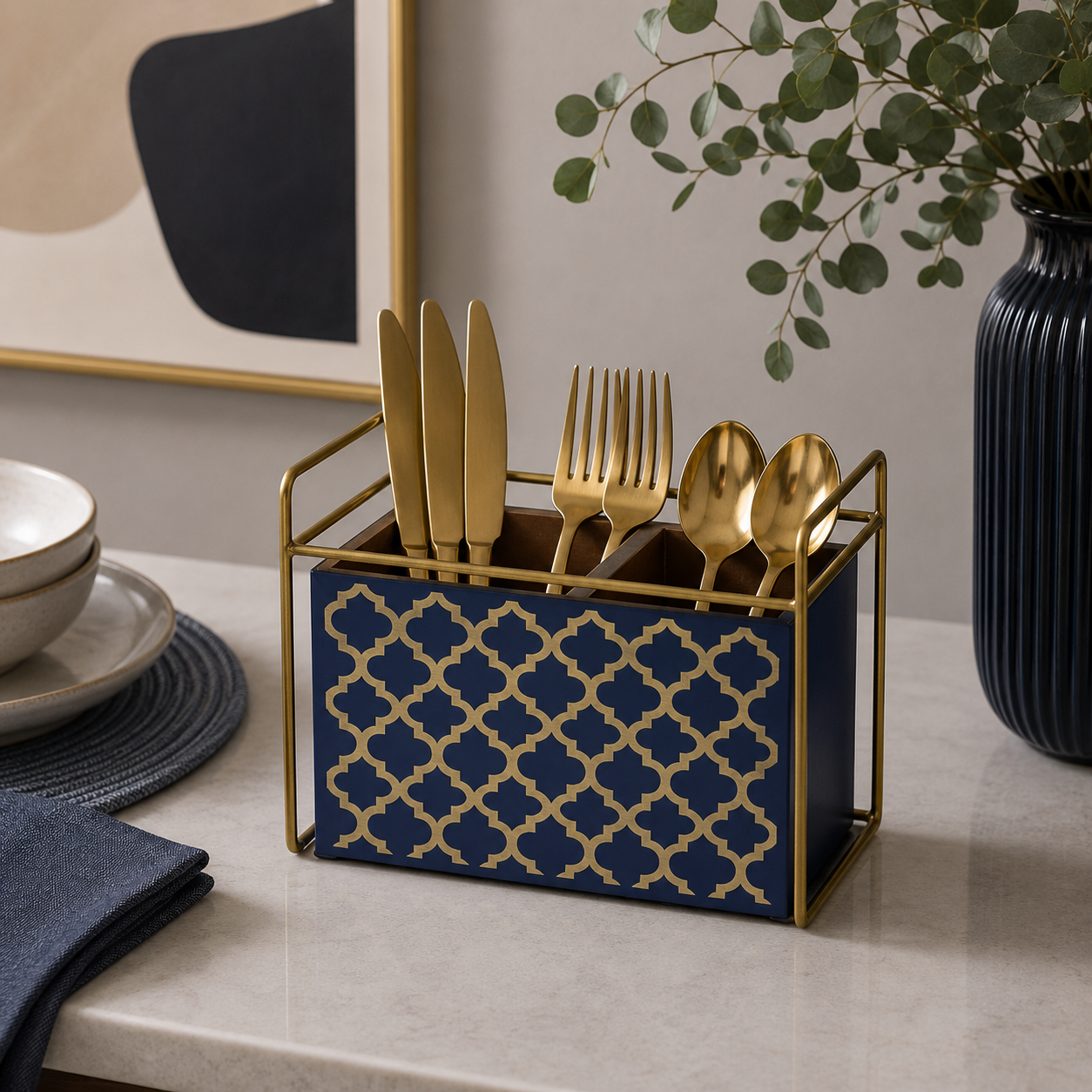Blue & Golden Decorative Cutlery Holder – Modern Metal Organizer for Dining Table