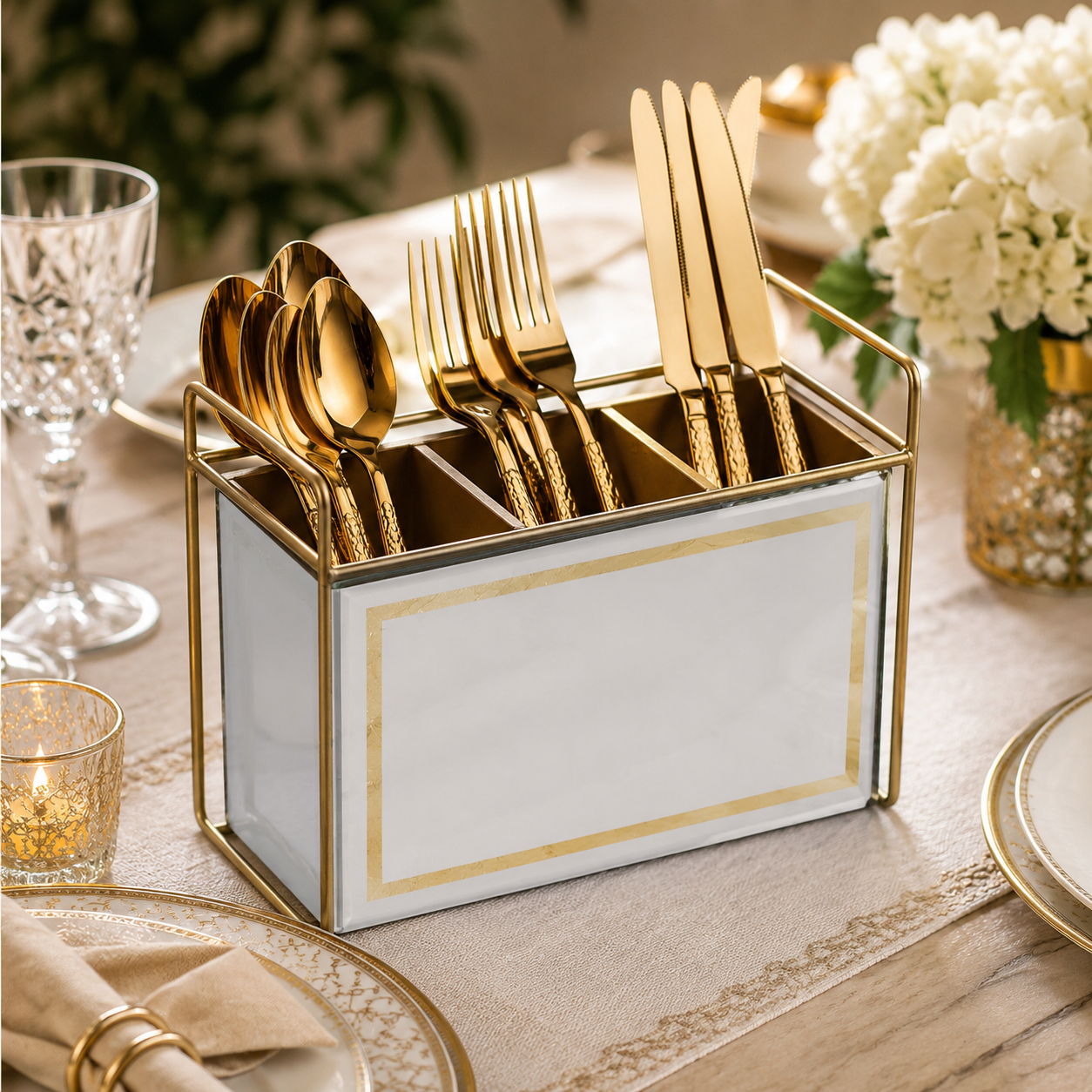 Luxury White & Gold 3-Compartment Cutlery Holder Organizer