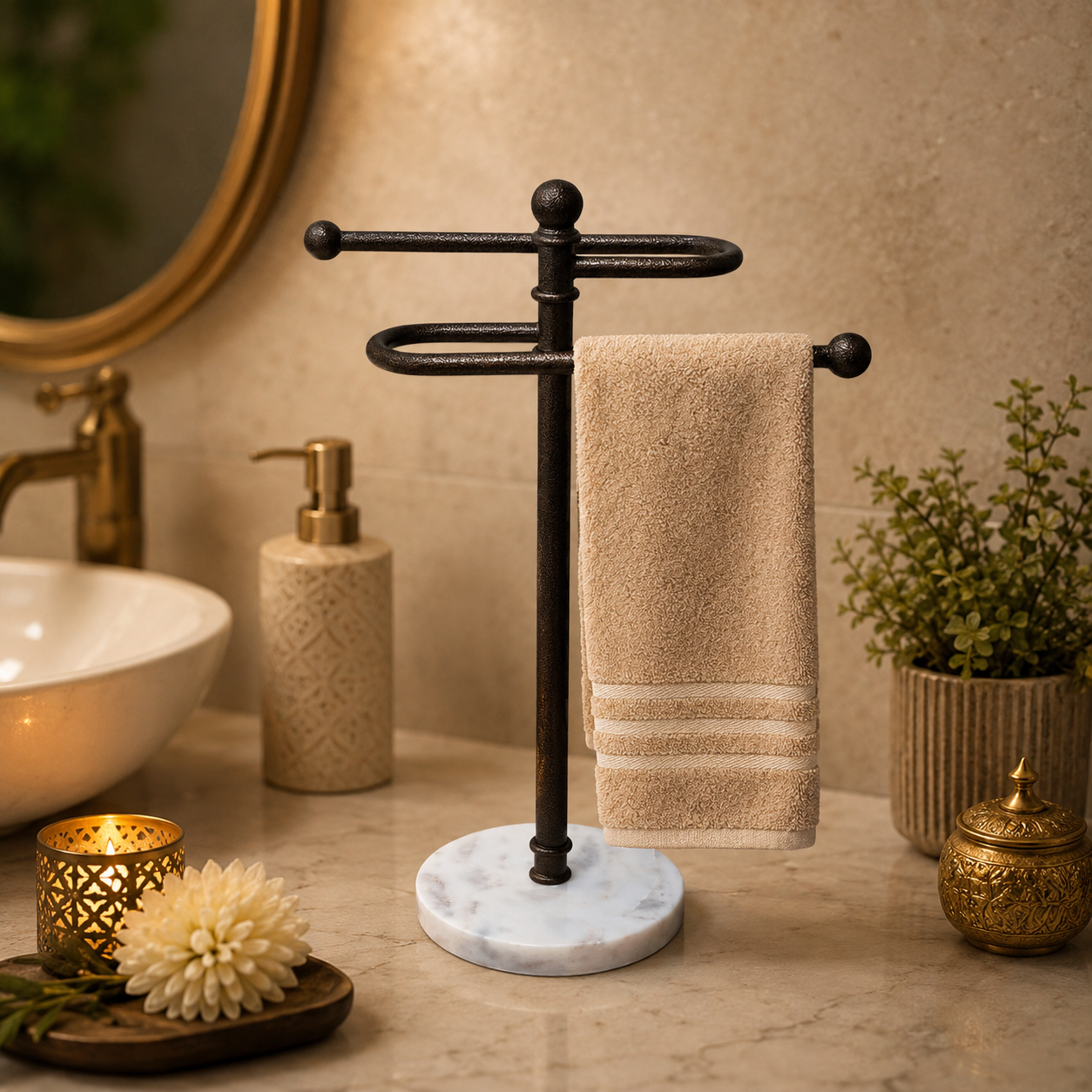 Luxury Marble Base Towel Stand for Bathroom Countertop
