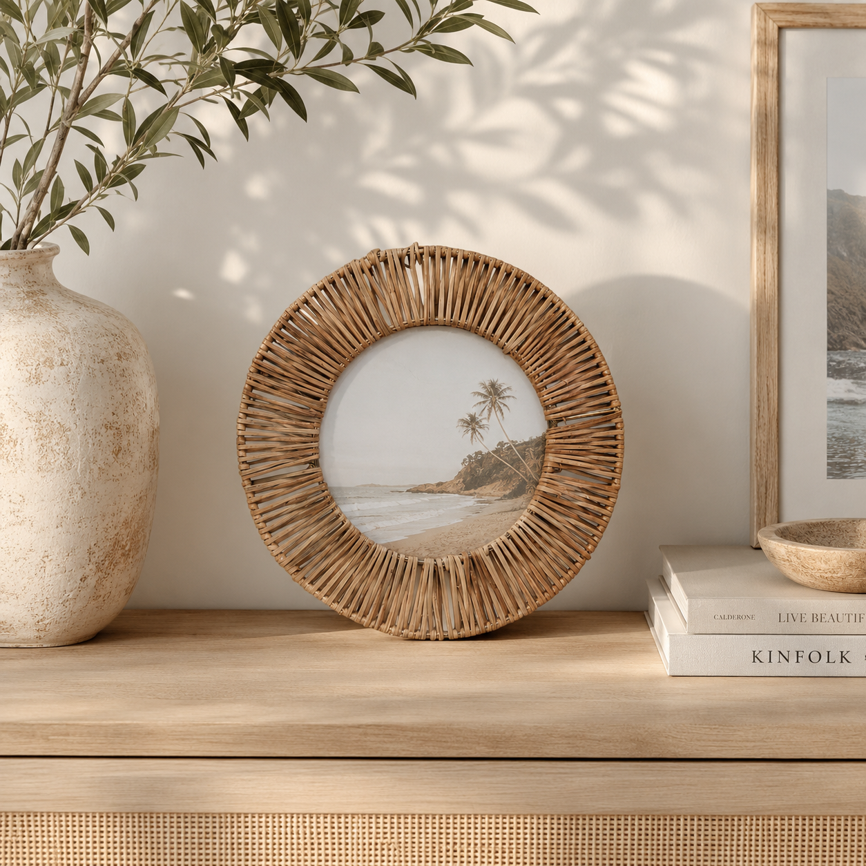 Rattan Round Photo Frame – Natural Boho Elegance