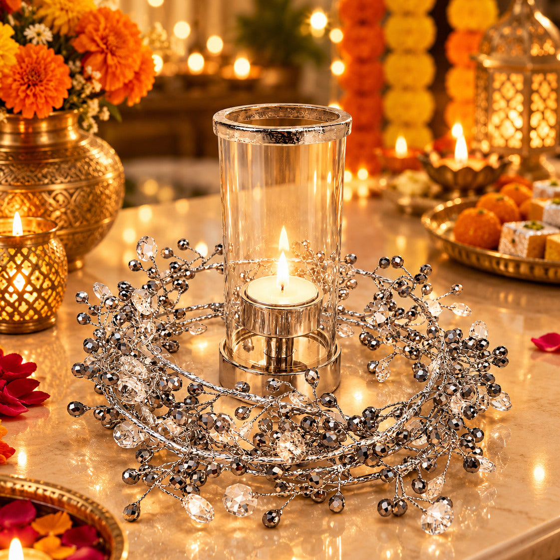 Silver Crystal Tealight Candle Holder with Silver Decorative Garland
