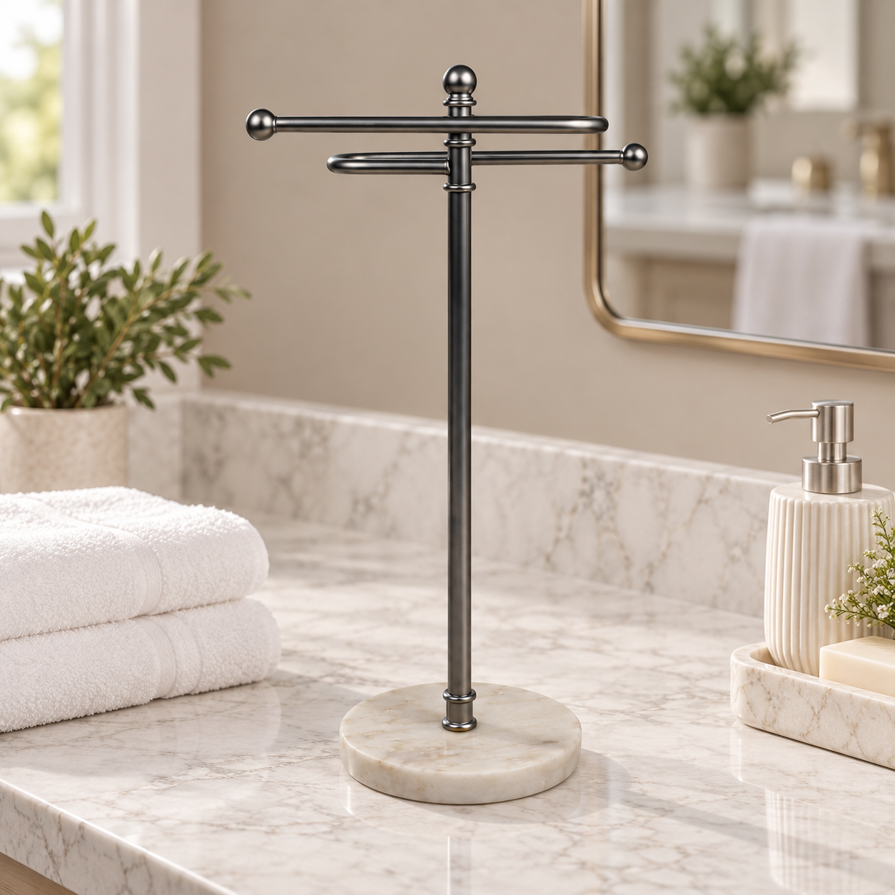 Premium Ivory Marble Coated Base with Silver metal  Hand Towel Stand