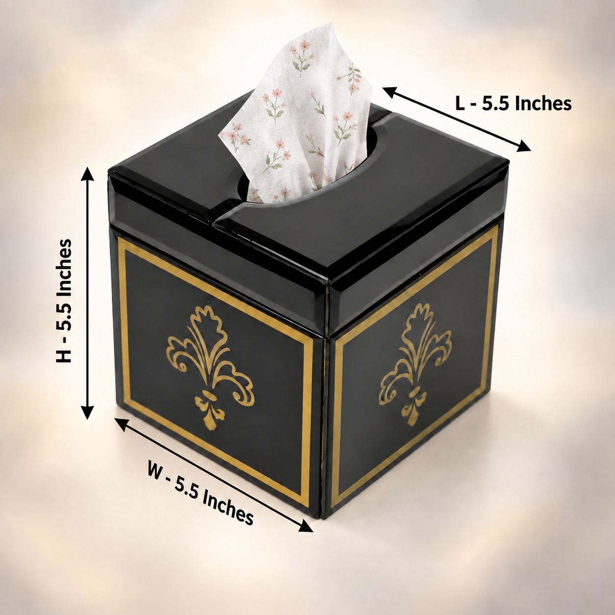 Premium Lilly Design Black Glass with Gold Work Square Tissue Box for Bathrooms