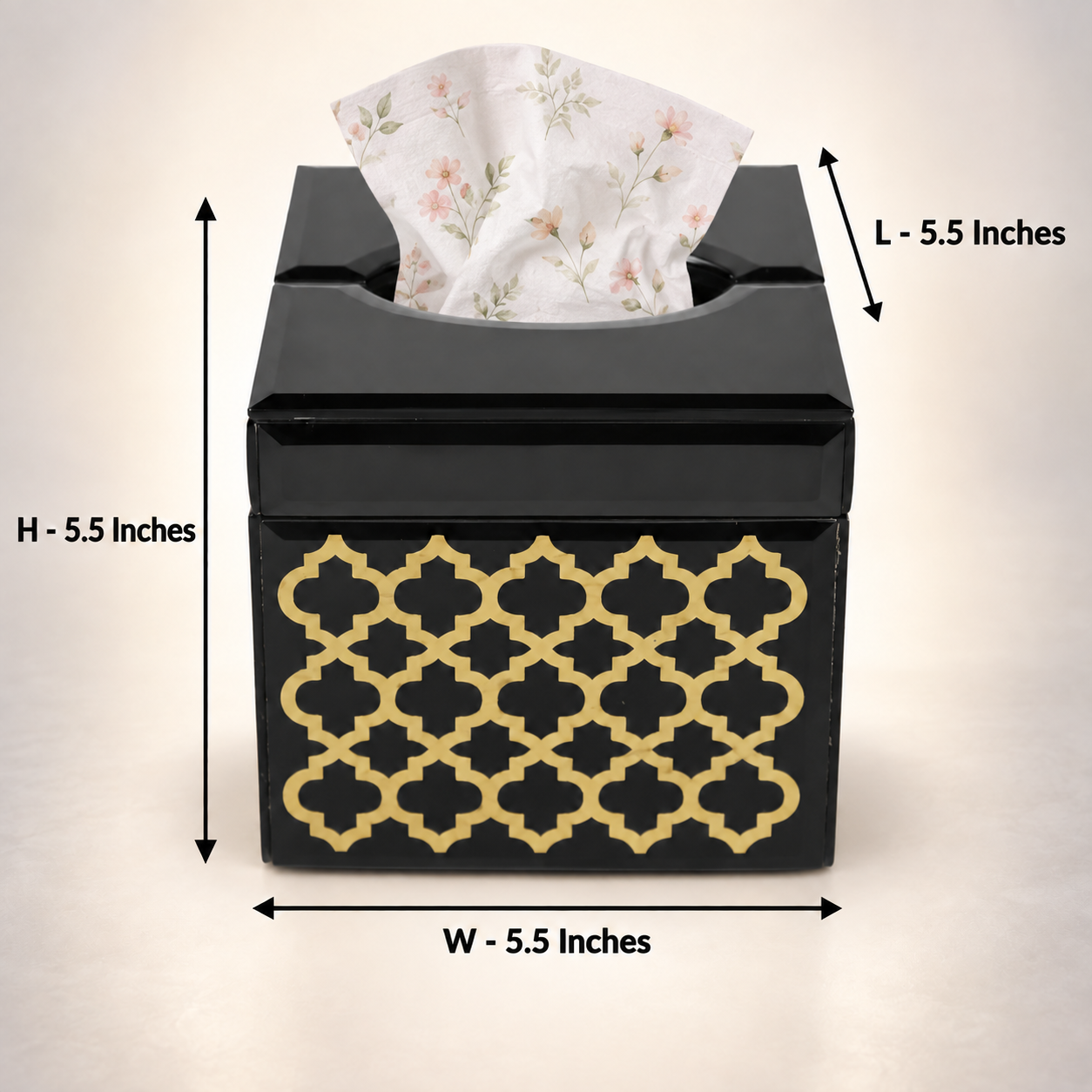 Premium Designer Black Glass with Gold Work Square Tissue Box for Bathrooms