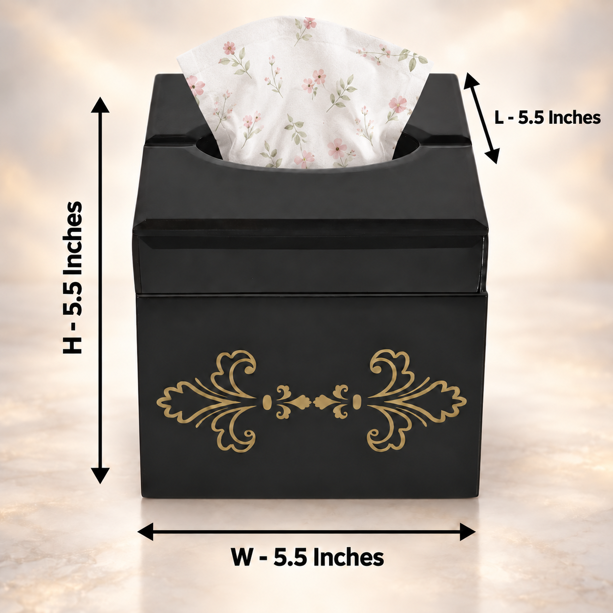 Luxury Black Glass with Gold Work Square Tissue Box for Bathrooms