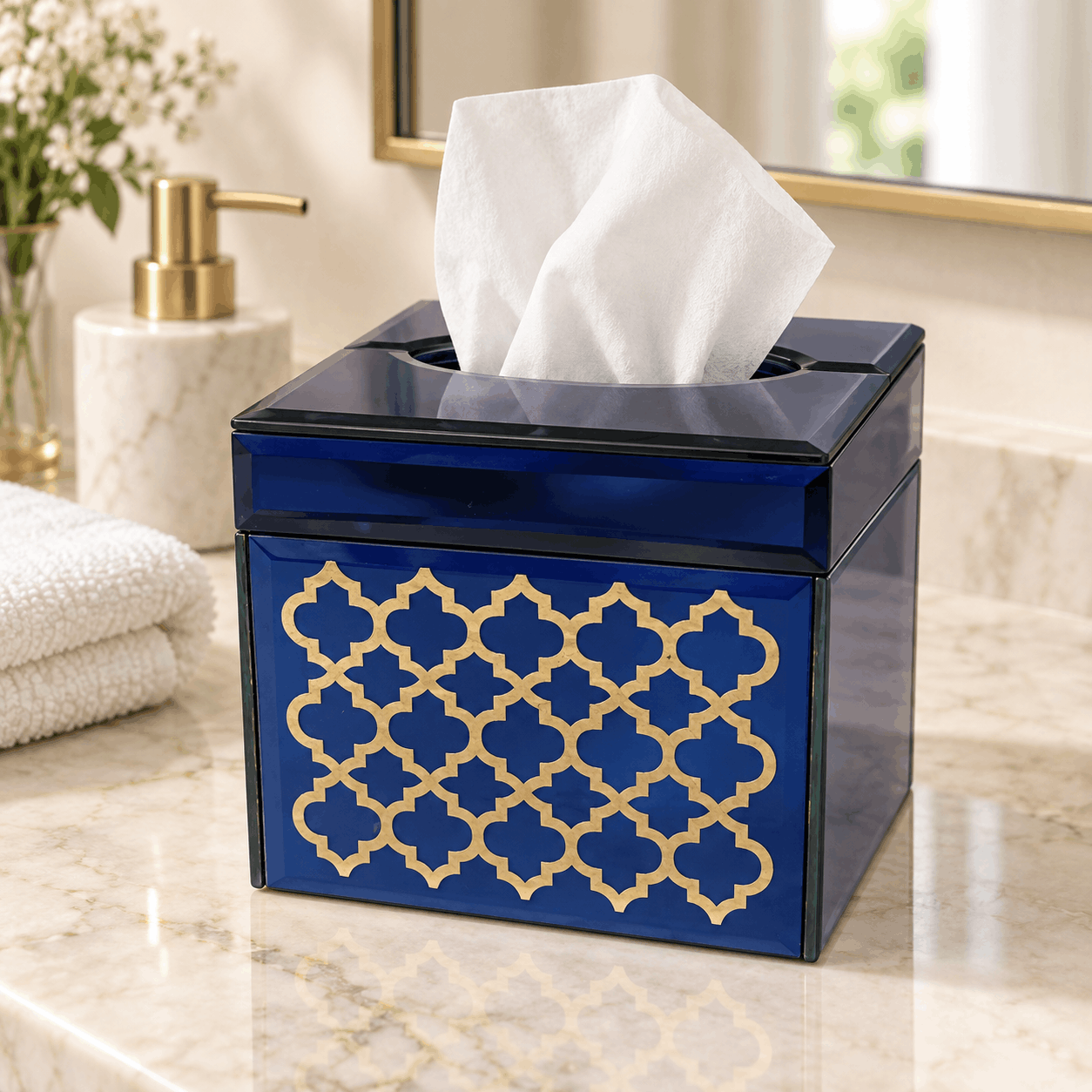  Premium Designer Blue Glass with Gold Work Square Tissue Box for Bathrooms 