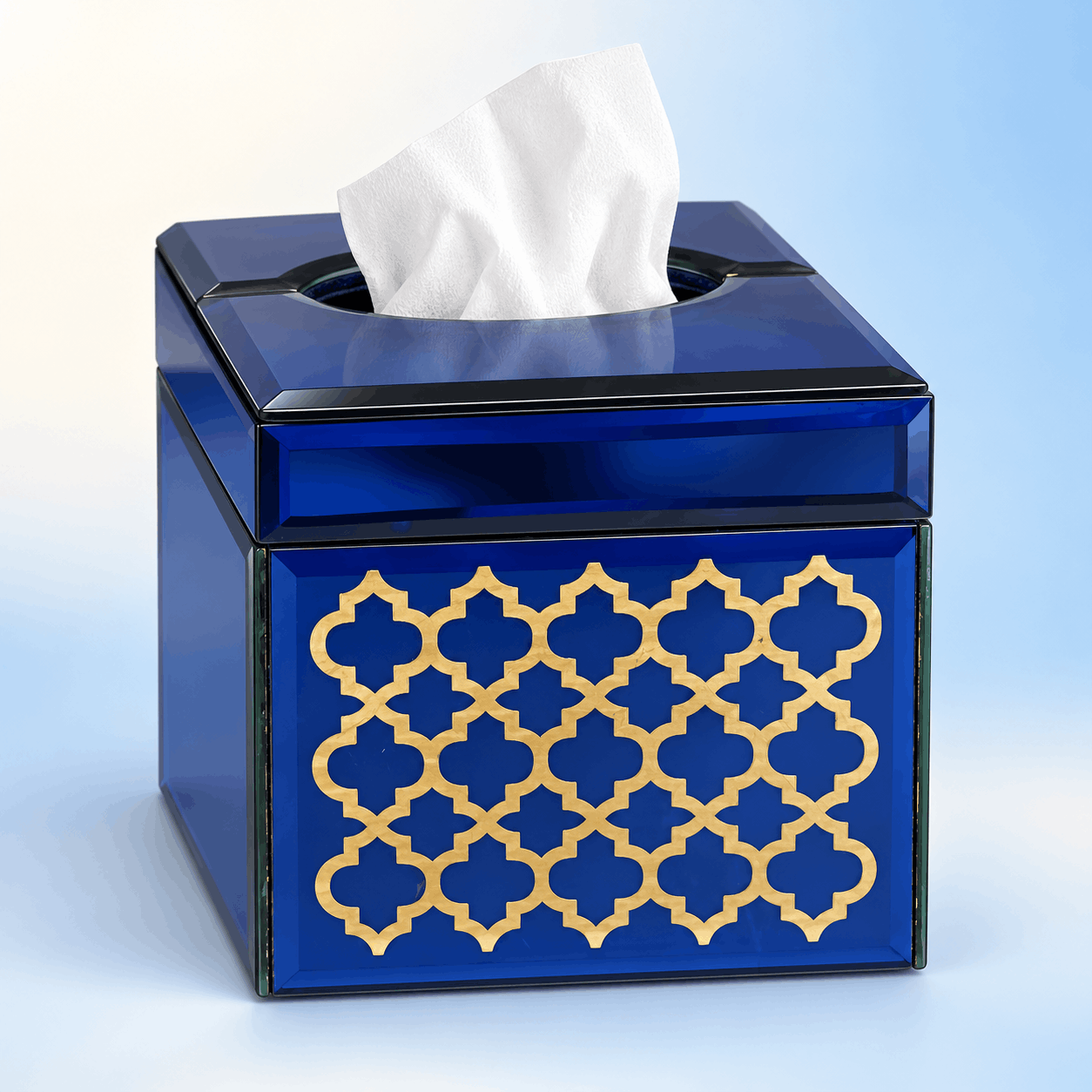  Premium Designer Blue Glass with Gold Work Square Tissue Box for Bathrooms 