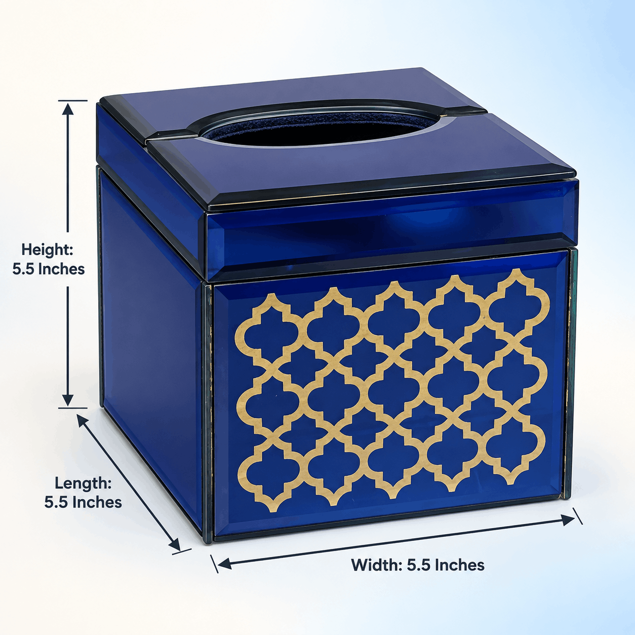 Premium Designer Blue Glass with Gold Work Square Tissue Box for Bathrooms