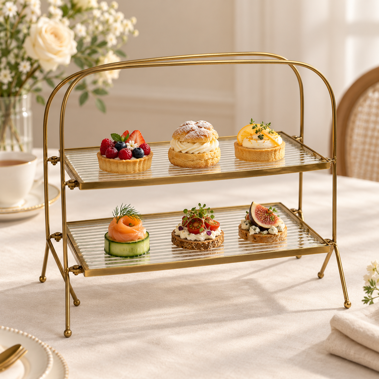  Premium Metal Double Tray, Double Holder Serving Food Platter Serving 
