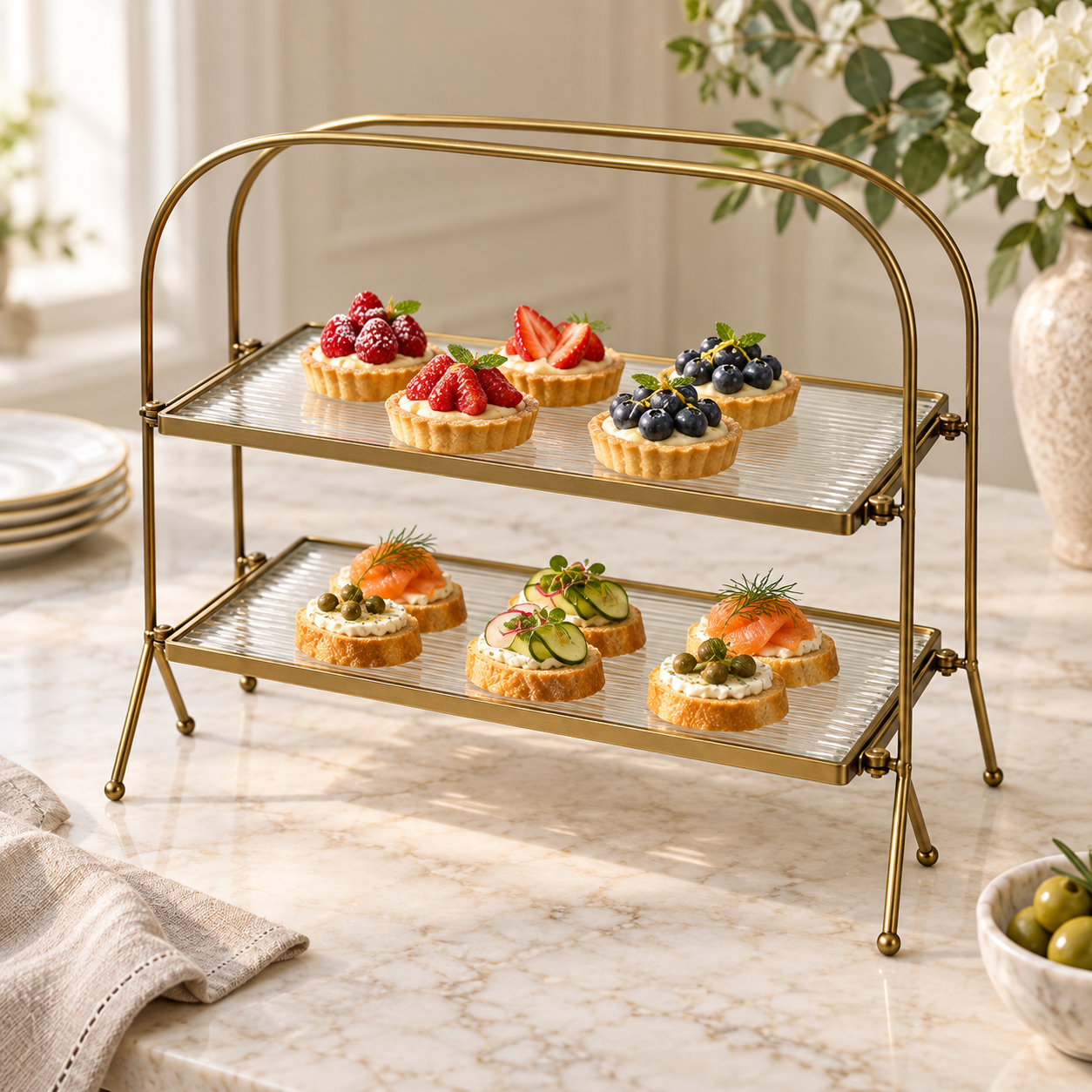Premium Metal Double Tray, Double Holder Serving Food Platter Serving