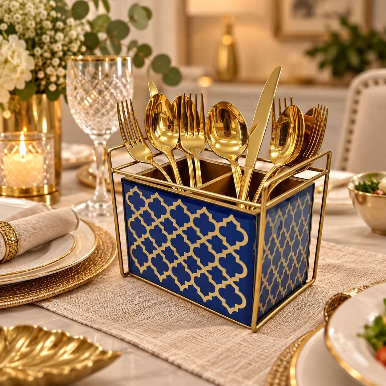 Designer Blue Glass Cutlery Holder With Two Partition