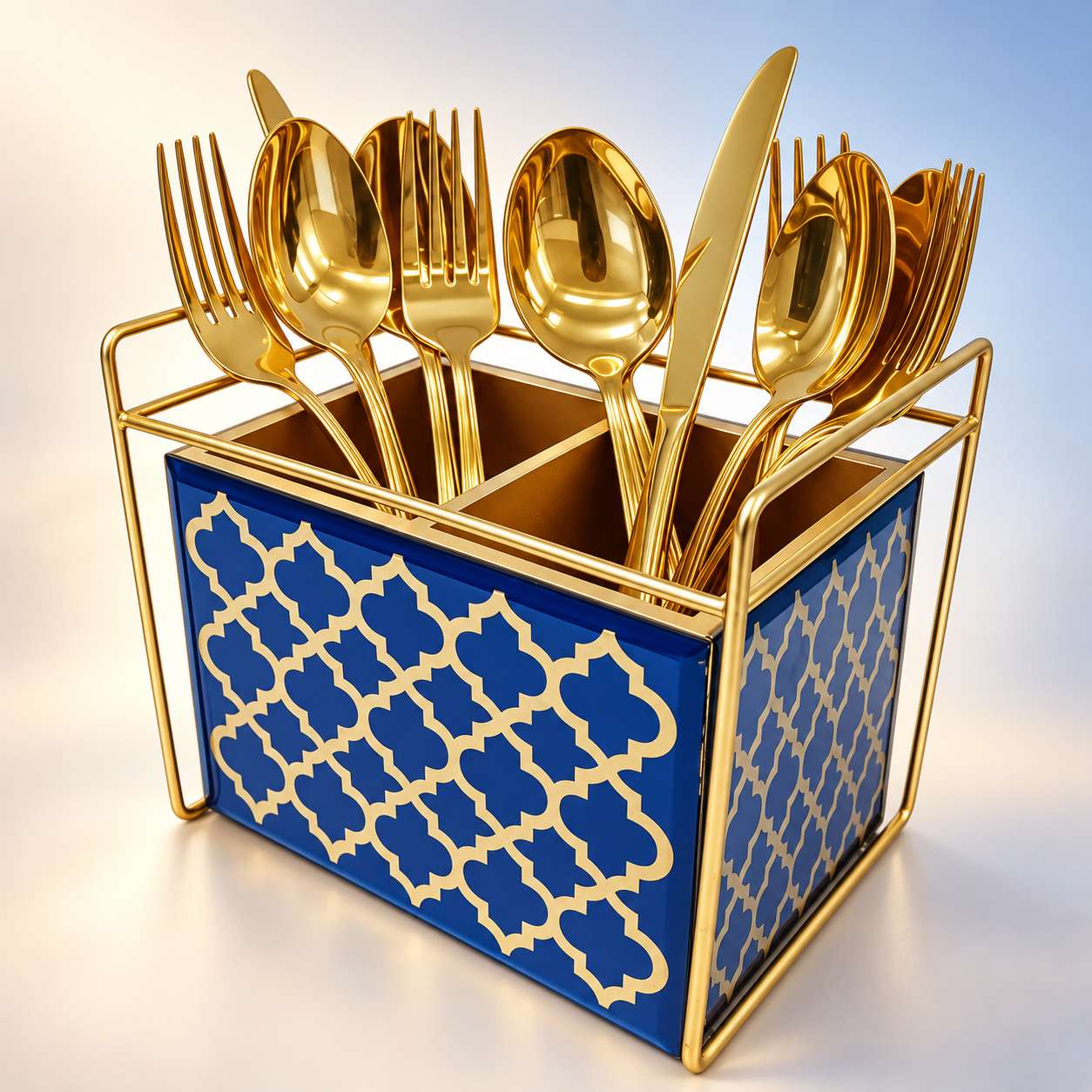  Designer Blue Glass Cutlery Holder With Two Partition 