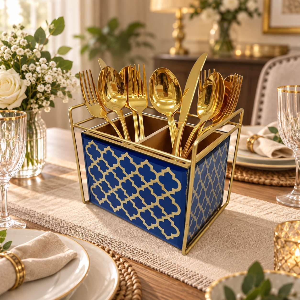  Designer Blue Glass Cutlery Holder With Two Partition 
